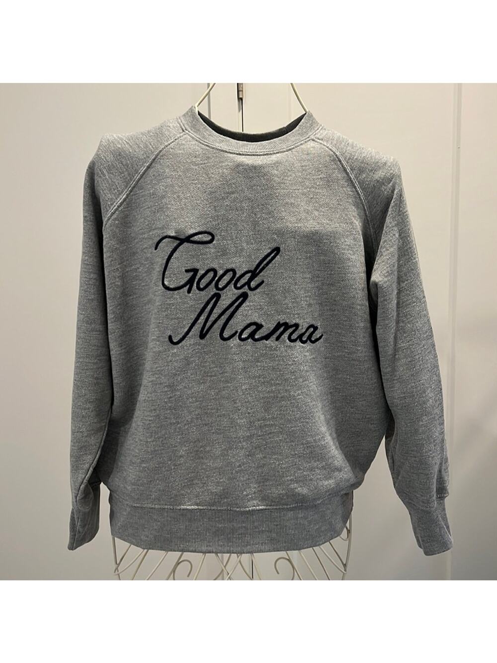 Good American Good Mama crewneck sweater women’s M grey black script embroider